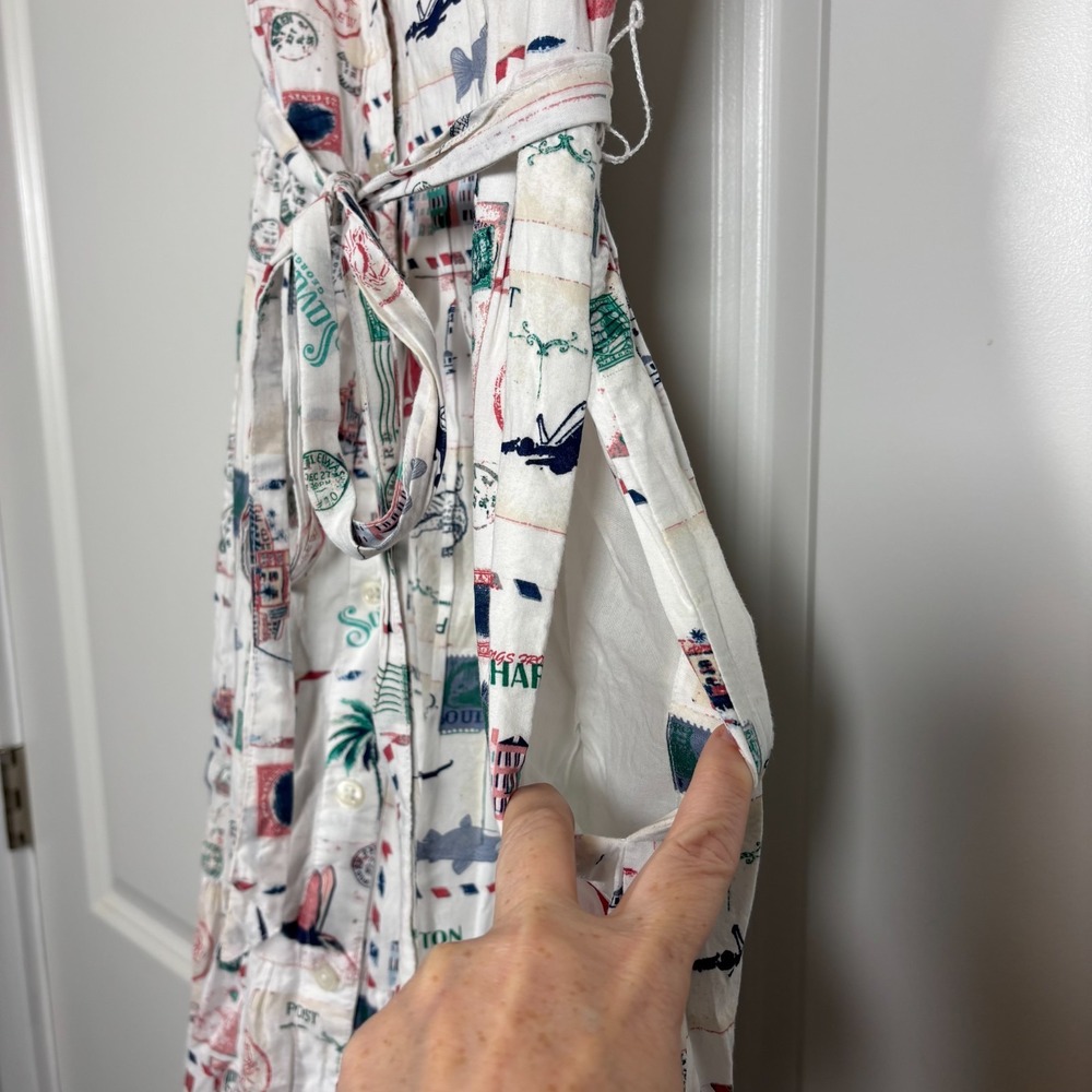 J.Crew Womens Midi Shirt Dress White Postcard Print Collared Tie-Waist Pocket 10 - Picture 4 of 10